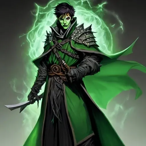 Prompt: dnd 5e, warlock, human variant, green robe