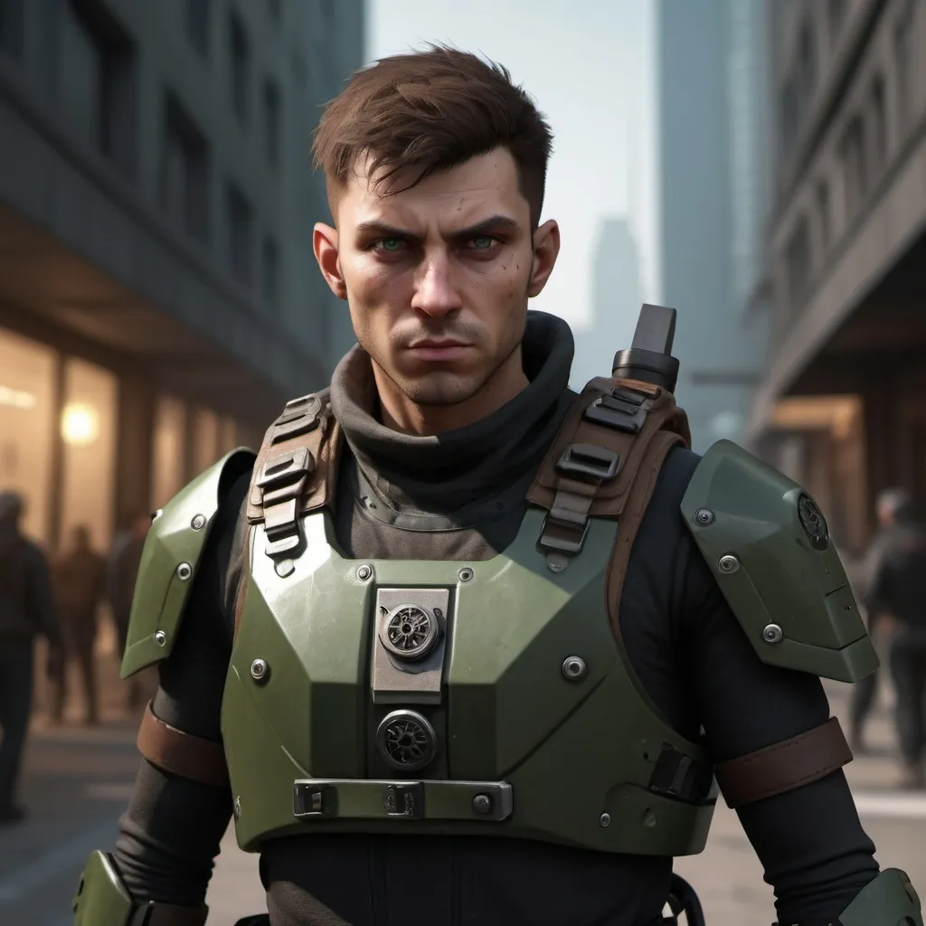 Prompt: dnd5e, SCP Mod, Human, Engineer, kevlar armor, without helmet, dark green eyes, long brown hairs, armed with Super - 90, realistic weapons, detailed weapons, fullbody, realistic, 4k, ultra HD, detailed, city setting, detailed eyes, sci-fi, high-quality rendering, atmospheric lighting, intense gaze, professional rendering, atmospheric lighting, detailed facial features, intense expression, detailed weaponry, realistic shadows, professional, detailed textures, There is a drone following him