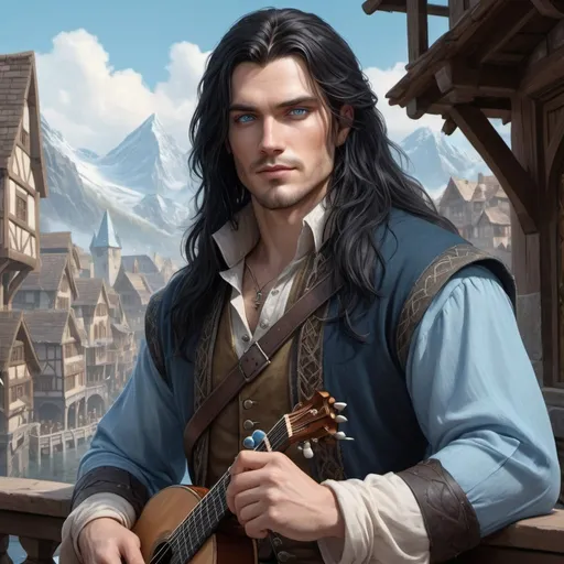 Prompt: handsome human bard with long black hair, fine clothes, and ice-blue eyes,  realistic, 4k, ultra HD, detailed, DnD 5e, young, city setting, detailed eyes, epic fantasy, high-quality rendering, atmospheric lighting