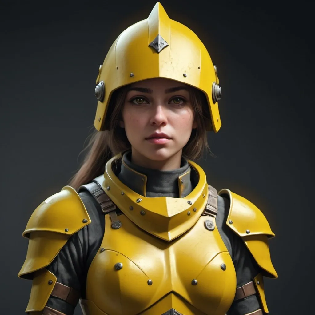 Prompt: Design a paranoia soldier in armor, no helmet, whose rank is yellow, female, her armor is generally yellow, realistic, 4k, ultra HD