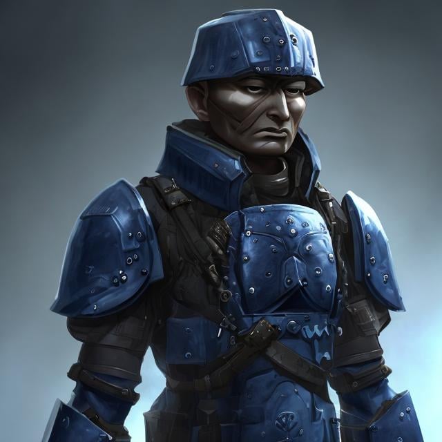 Prompt: Design a paranoia soldier in armor, whose rank is indigo, his armor is generally indigo, malformed, realistic, 4k, ultra HD