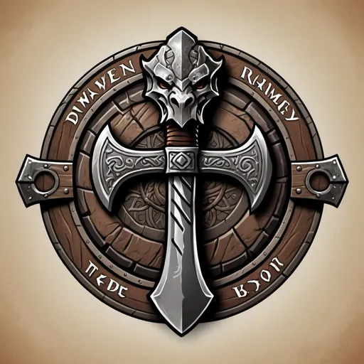 Prompt: Design a logo for a "Dwarven Dragonslayer Troop." The logo should be a circular emblem with a rugged, ancient feel. A large, crossed dwarven axe and hammer are placed behind the dragon's head, symbolizing the troop's strength and skill in battle. The handles of the weapons are engraved with dwarven runes.