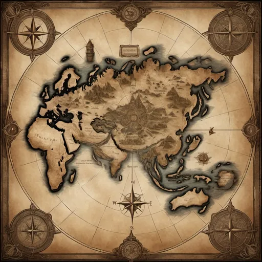 Prompt: world map for DnD, fantasy theme, medieval aesthetics, intricate details, ancient parchment texture, elaborate borders, muted earthy tones, sepia and dusty browns, atmospheric and mystical mood, sharp outlines, mystical symbols and runes, antique navigational lines, castles and mythical lands, mystical forests, dragon lairs, high-resolution, ultra-detailed, vibrant lore-rich representation, visually immersive, detailed compass rose, labeled continents and oceans.