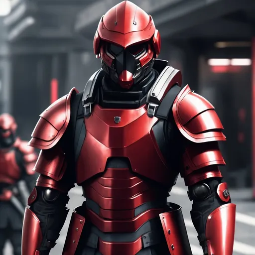 Prompt: Design a paranoia soldier in armor, whose rank is red, his armor is generally red, with no helmet, human, realistic, 4k, ultra HD