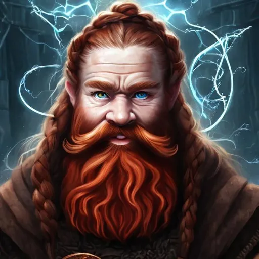 Prompt: Dwarf Sorcerer, red hair, long red braided and fancy beards, runic alphabet, blue eyes, realistic, full hd