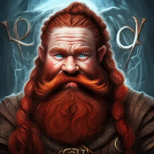 Prompt: Dwarf Sorcerer, red hair, long red braided and fancy beards, runic alphabet, blue eyes, realistic, full hd