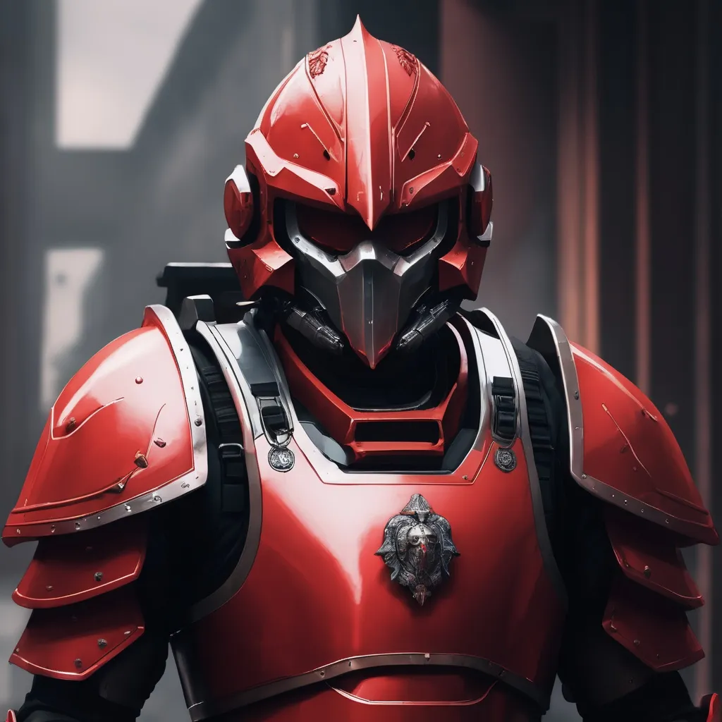 Prompt: Design a paranoia soldier in armor, whose rank is red, his armor is generally red, with no helmet, human, realistic, 4k, ultra HD