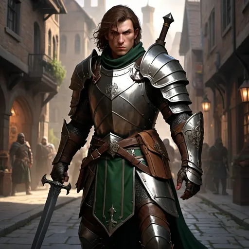 Prompt: dnd5e, Human, eldritch knight fighter, full plate armor, without helmet, dark green eyes, long brown hairs, armed with sword and shield, realistic weapons, detailed weapons, fullbody, realistic, 4k, ultra HD, detailed, DnD 5e, city setting, detailed eyes, epic fantasy, high-quality rendering, atmospheric lighting, intense gaze, professional rendering, atmospheric lighting, detailed facial features, intense expression, detailed weaponry, realistic shadows, professional, detailed textures,