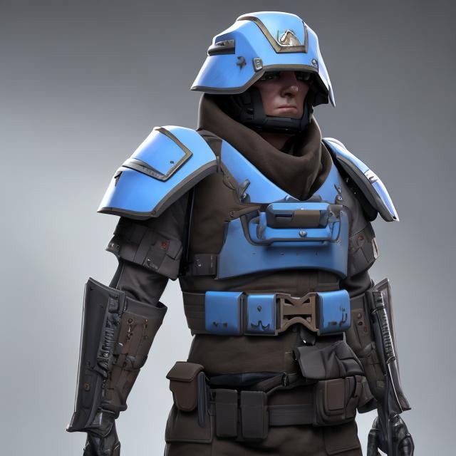 Prompt: Design a paranoia soldier in armor, whose rank is Blue, his armor is generally blue, visor closed realistic, 4k, ultra HD