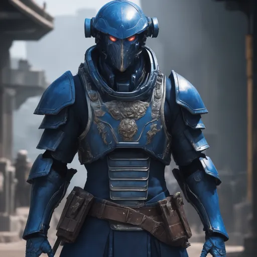 Prompt: Design a paranoia soldier in worn armor, whose rank is indigo, his armor is generally indigo, malformed, mutated human, realistic, 4k, ultra HD