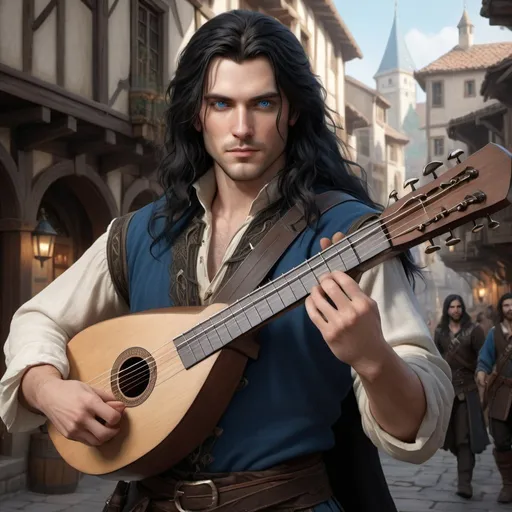 Prompt: handsome human bard with long black hair, fine clothes, and blue eyes, carrying a lute, realistic, 4k, ultra HD, detailed, DnD 5e, young, city setting, detailed eyes, epic fantasy, high-quality rendering, atmospheric lighting
