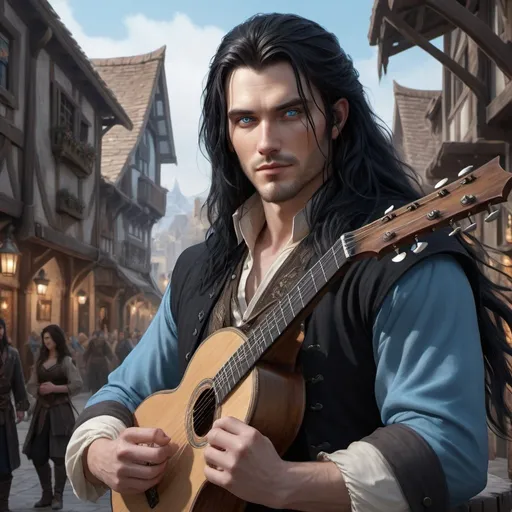 Prompt: handsome human bard with long black hair, fine clothes, and ice-blue eyes,  realistic, 4k, ultra HD, detailed, DnD 5e, young, city setting, detailed eyes, epic fantasy, high-quality rendering, atmospheric lighting