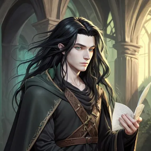 Prompt: DnD style, long black haired, young human male wizard, ultra realistic, green eyes, 