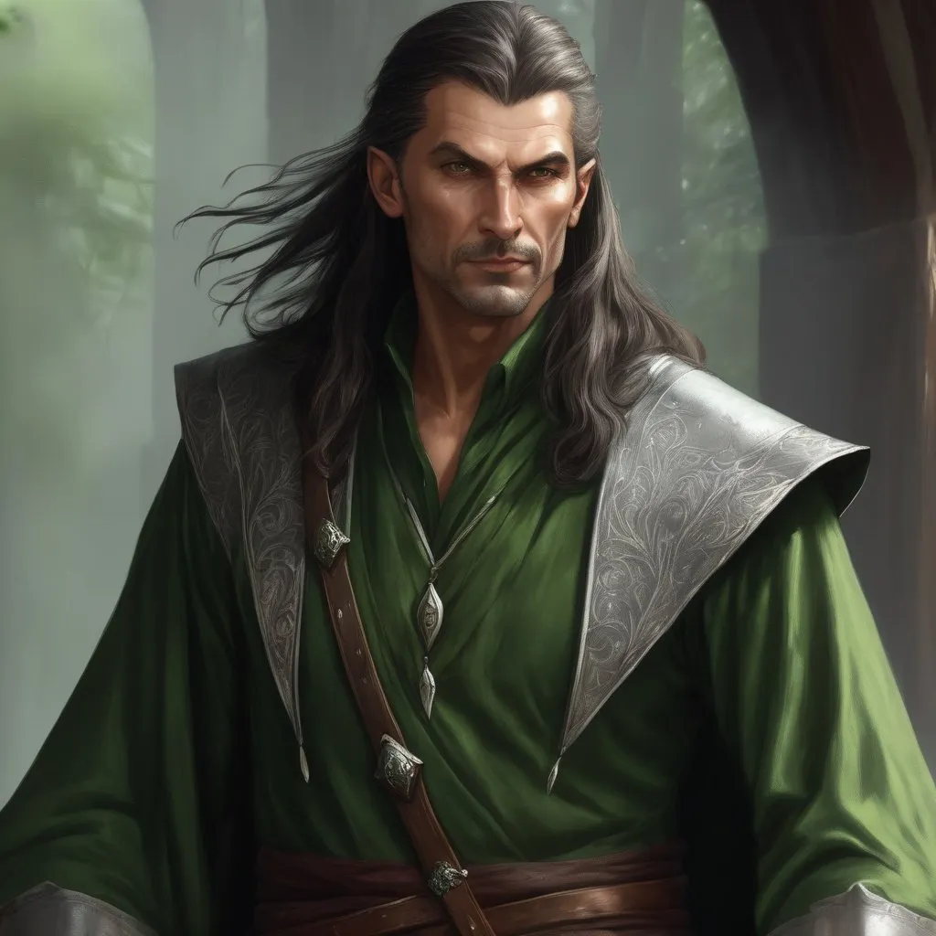 Prompt: dnd 5e, warlock, human variant, handsome, long haired, middle aged, green robe, Silvery illustration, Longbow, realistic, 4k, ultra HD