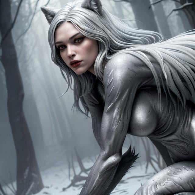 Prompt: silvery illustrated werewolf female, full body, full hd, 4k, realistic, 