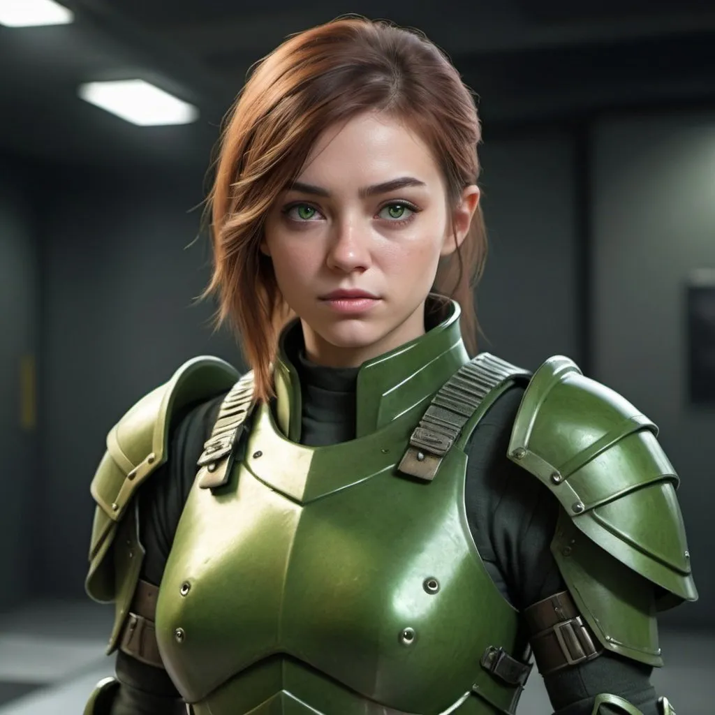 Prompt: Design a paranoia soldier in armor, no helmet, whose rank is green, female, her armor is generally green, realistic, 4k, ultra HD