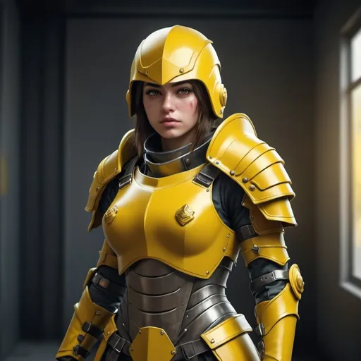 Prompt: Design a paranoia soldier in armor, no helmet, whose rank is yellow, female, her armor is generally yellow, realistic, 4k, ultra HD