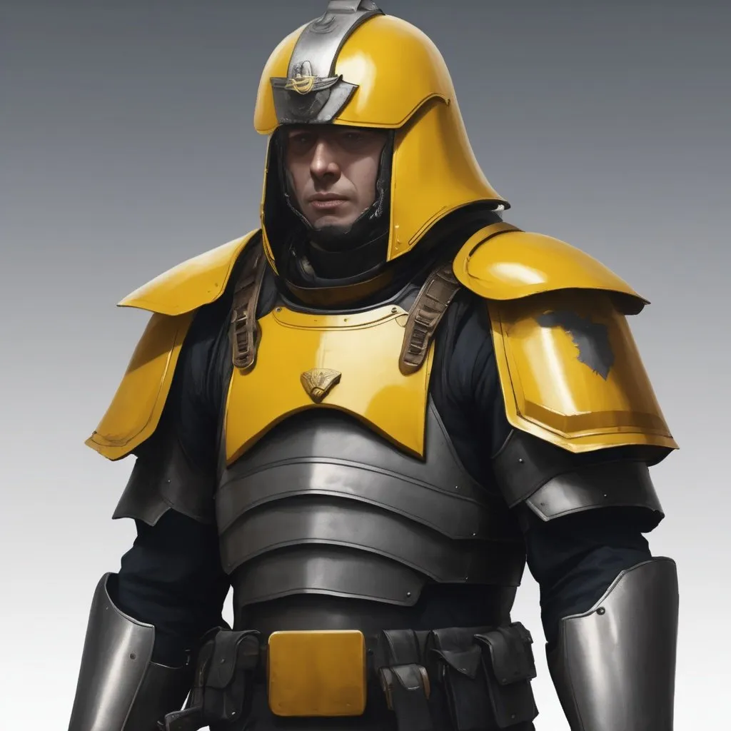 Prompt: Design a paranoia soldier in armor no helmet, whose rank is yellow, his armor is generally yellow, realistic, 4k, ultra HD