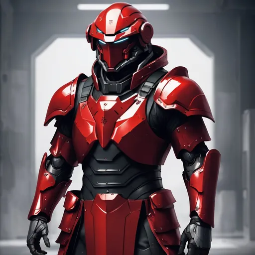 Prompt: Design a paranoia soldier in armor, whose rank is red, his armor is generally red, with no helmet, human, realistic, 4k, ultra HD
