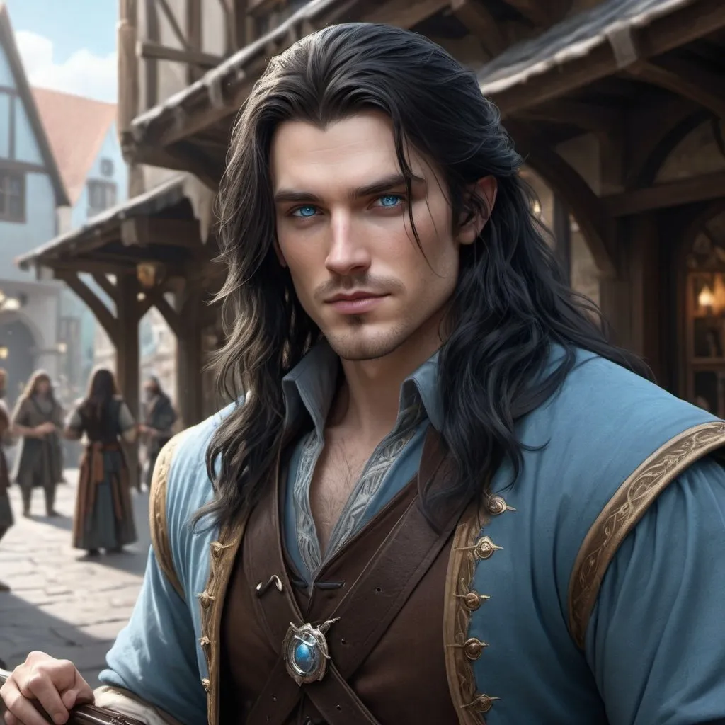 Prompt: handsome human bard with long black hair, fine clothes, and ice-blue eyes,  realistic, 4k, ultra HD, detailed, DnD 5e, young, city setting, detailed eyes, epic fantasy, high-quality rendering, atmospheric lighting