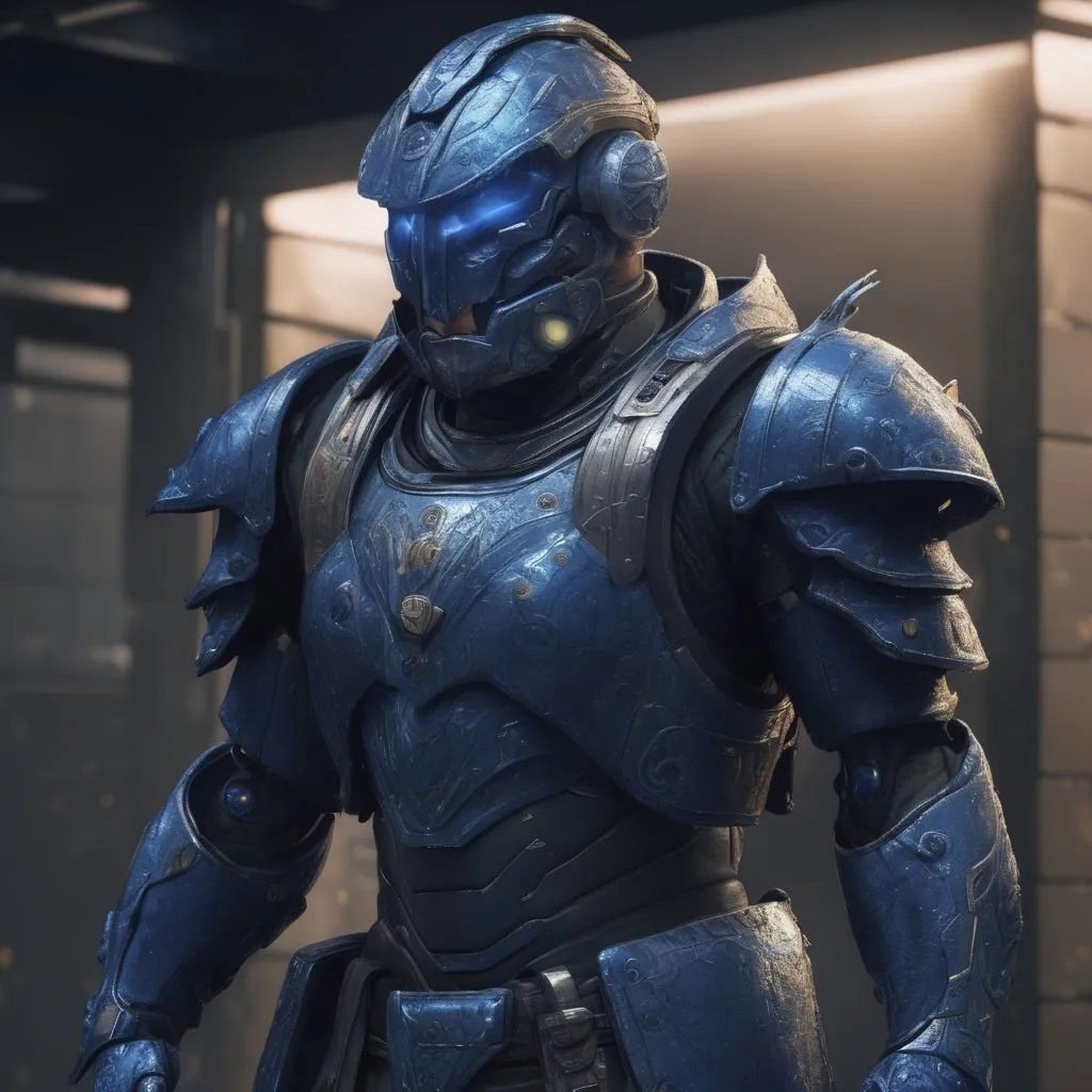 Prompt: Design a paranoia soldier in armor, whose rank is indigo, his armor is generally indigo, malformed, mutated hukman, realistic, 4k, ultra HD