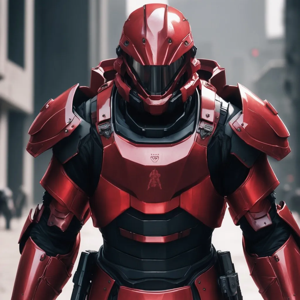 Prompt: Design a paranoia soldier in armor, whose rank is red, his armor is generally red, no helmet, human, realistic, 4k, ultra HD