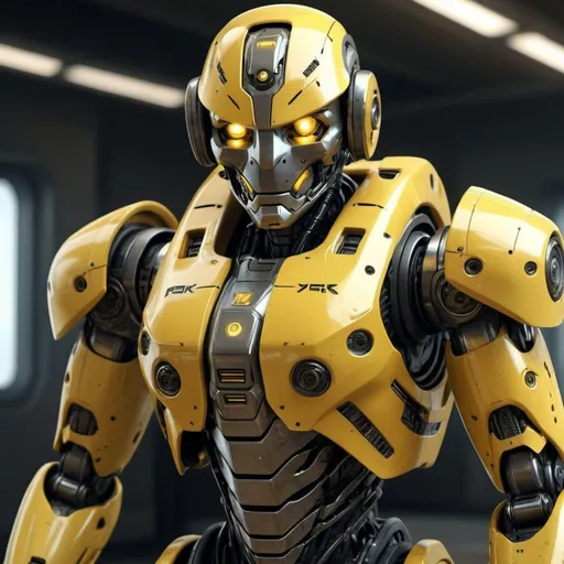 Prompt: Paranoia robot, realistic, 4k, ultra HD, detailed armor, intense gaze, futuristic military setting, professional rendering, atmospheric lighting, detailed facial features, intense expression, military rank insignia, detailed weaponry, high quality, armor with reflective surfaces, realistic shadows, professional, yellow color tones, detailed textures, futuristic technology