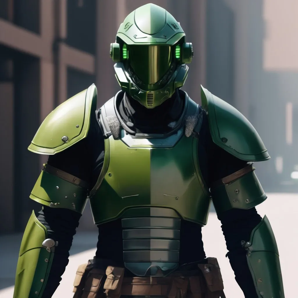 Prompt: Design a paranoia soldier in armor, without helmet, whose rank is green, his armor is generally green, realistic, 4k, ultra HD