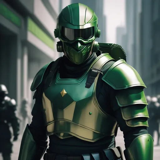 Prompt: Design a paranoia soldier in armor, with mask, whose rank is green, his armor is generally green, realistic, 4k, ultra HD