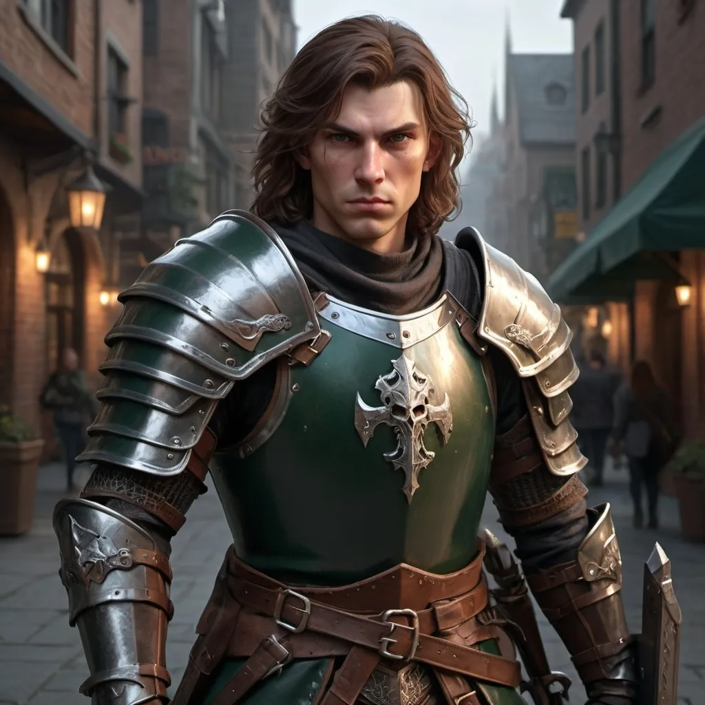 Prompt: dnd5e, Human, eldritch knight fighter, full plate armor, without helmet, dark green eyes, long brown hairs, armed with sword and shield, realistic weapons, detailed weapons, fullbody, realistic, 4k, ultra HD, detailed, DnD 5e, city setting, detailed eyes, epic fantasy, high-quality rendering, atmospheric lighting, intense gaze, professional rendering, atmospheric lighting, detailed facial features, intense expression, detailed weaponry, realistic shadows, professional, detailed textures,