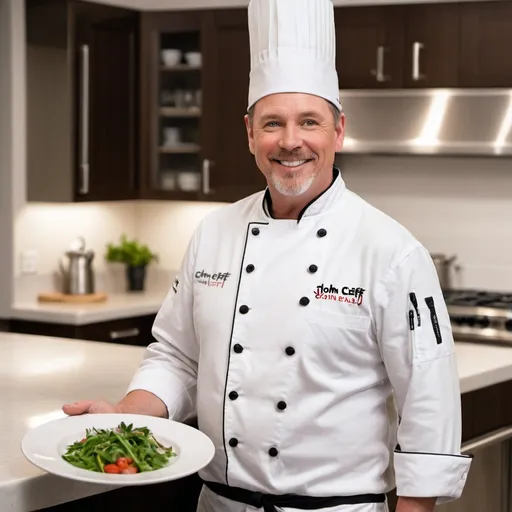 Prompt: Create a photo of "John Cheff," a middle-aged man with short brown hair and a friendly smile. He is wearing a white chef's coat with his name embroidered on it, black pants, and a chef's hat. John is in a modern kitchen, holding a plate with a beautifully plated dish. The background shows stainless steel appliances and a counter with fresh ingredients.