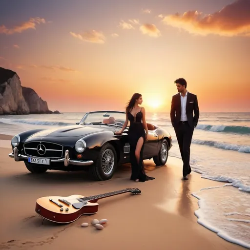 Prompt: Create a wallpaper which shows a beautiful beach, beautiful couple, football, guitar, sunset, posh car