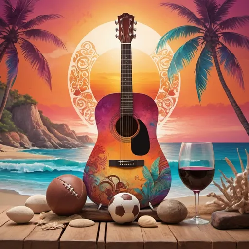 Prompt: Create a wallpaper which includes following objects in artistic style which elevates mood - include objects like football, beach, wine glass, guitar, western cowboy, meditation and Hindu Aum symbol