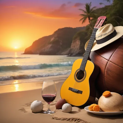 Prompt: (artistic wallpaper), vibrant color palette, cheerful ambiance, includes a (football), serene beach scene, sunset time, elegant (wine glass), acoustic (guitar), rugged western hat, meditative setting, artistic (Hindu Aum symbol), high-quality details, blending dynamic and tranquil elements, enhancing visual harmony, HD resolution, uplifting atmosphere, skillfully arranged composition. Do not include any human in the image.