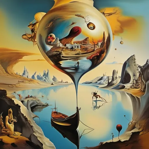 Prompt: (Salvador Dalí style vision), surrealist, dreamlike atmosphere, (melting objects), precise and intricate details, exaggerated proportions, vibrant contrasting colors, a whimsical landscape blending reality and fantasy, dramatic shadows and highlights, (ultra-detailed), an evocative scene that captures a timeless dream.