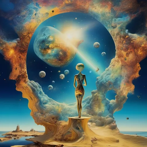 Prompt: Salvador Dalí style vision, surrealist, dreamlike, precise, melting human  and deep space , univers