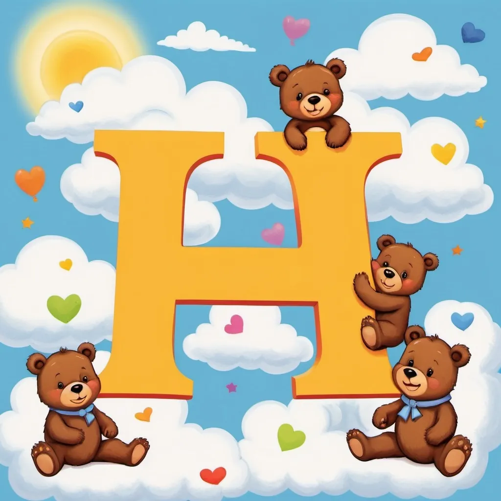 Prompt: baby nursery wall image, the letter H with cartoon bears around the letter, one lying on it, one climbing on it and one sitting on it, colourful, painting, cartoon style clouds, sunshine, bears interacting with the letter, happy emotion, simplified, each bear doing a different action 