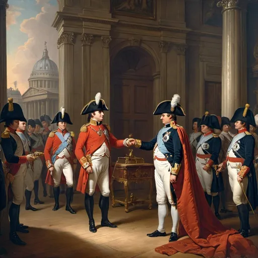 Prompt: Napoleon triumphantly receiving the keys of London from the King of England, oil painting, historical, grand, victorious, detailed uniforms, 18th century architecture, dramatic lighting, regal colors, high quality, oil painting, historical, grand, detailed uniforms, 18th century, dramatic lighting, regal colors