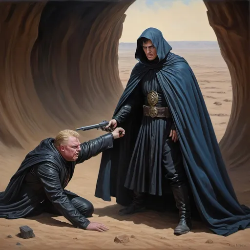 Prompt: Paul Atreides assassinating Baron Vladimir Harkonnen, realistic oil painting, dark and gritty, desert environment, intense expression, piercing blue eyes, flowing black cloak, high quality, detailed textures, dramatic lighting, intense emotion, oil painting, desert, intense gaze, assassination, dark tones, dramatic lighting