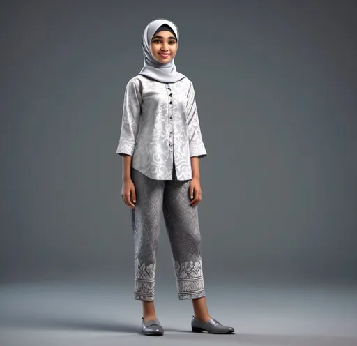 Prompt: 4D animation of indonesia muslim women aged 14 wearing white batik shirt gray trousers formal shoes full body 