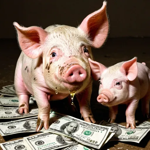 Prompt: pig pissing on cash with piglet