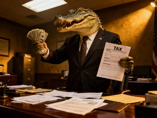 Prompt: create a moving photo of politician with head is crocodile corrupting tax in the phillippines.