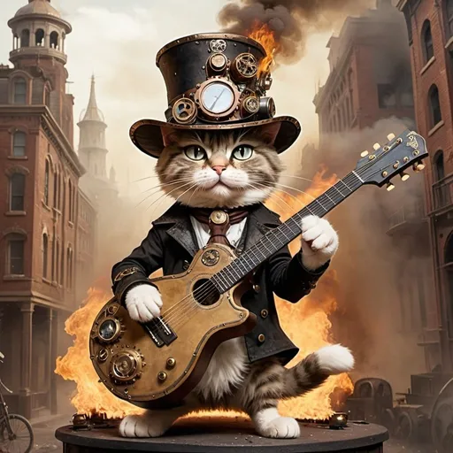 Prompt: a steampunk representation of a cat wearing a big hat and playing the guitar in a burning city
