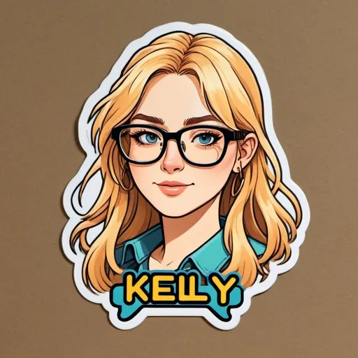 Prompt: a woman with  long blonde hair with glasses and a name tag on her face, with the words kelly in the center of the picture, Felix-Kelly, serial art, 16k, a character portrait, game controller and the words gg