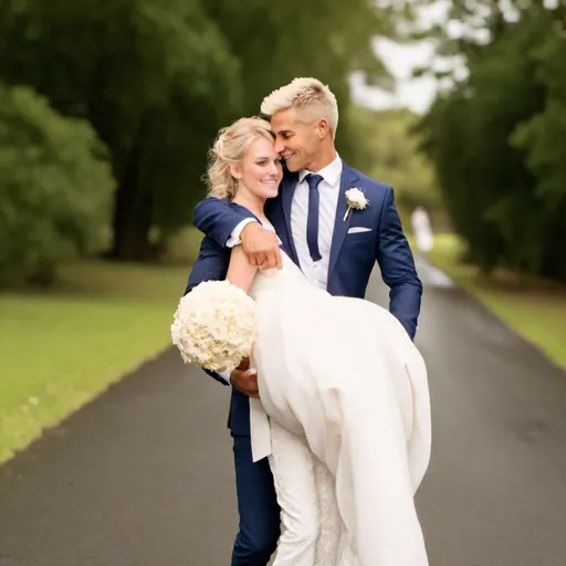 Prompt: A groom carrying his bride. The bride has blonde hair. The bride is about 35 years old. The groom is about 20 years old.