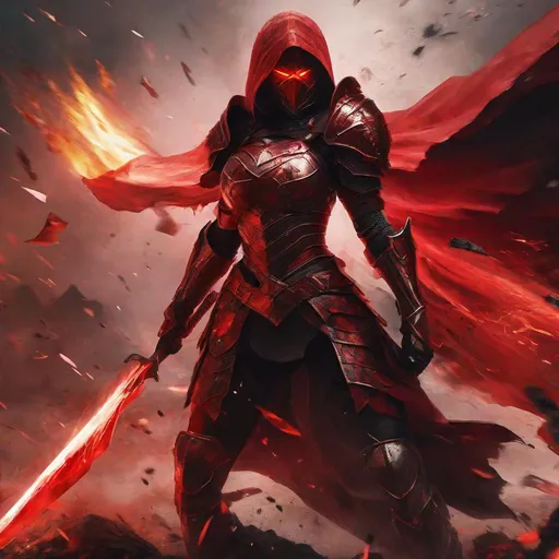 Prompt: In a digital masterpiece, a heavily armoured female warrior is standing in a dynamic battle stance. She looks across the battlefield with blazing red eyes and grips her battle axe menacingly. Her armour fully covers her body and exudes an aura of malice. A torn cloak of red flutters behind her. She is ready to fight against many enemies and is not afraid of death. The piece is an illustration with dark lighting and high resolution. The background is a burning battlefield with demons tearing at each other with wicked talons.