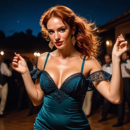 Prompt: An attractive woman with auburn hair is dancing Flamenco,  freckles, she has tanned skin Spanish, Argentina night performance, dynamic pose, Spanish aesthetic, intensity in her gaze, inviting cleavage, she's probably called Lily, fantasy