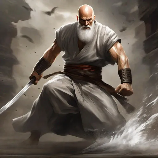 Prompt: Create a splash art of a formidable man in a dynamic combat stance. He is bald but has a long white beard. The man is old, with a muscular physique. His has an intensity in his gaze, He is wearing monastic grey robes but the top of torn, revealing his strong body covered in scars. He is a martial arts adept. In the background, an ethereal tiger is roaring.