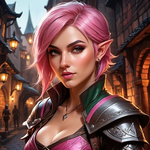 Prompt: (splash art of a half-elf female rogue), (mischievous facial expression), (elegant finger gesture over lips), stylish pink undercut hair, wearing detailed leather thief armor, shadowy ambiance enhancing her stealth, intricate backgrounds like dimly lit alleys or taverns, vibrant fantasy colors, Dungeons and Dragons theme, ultra-detailed, high quality art, captivating fantasy art style.