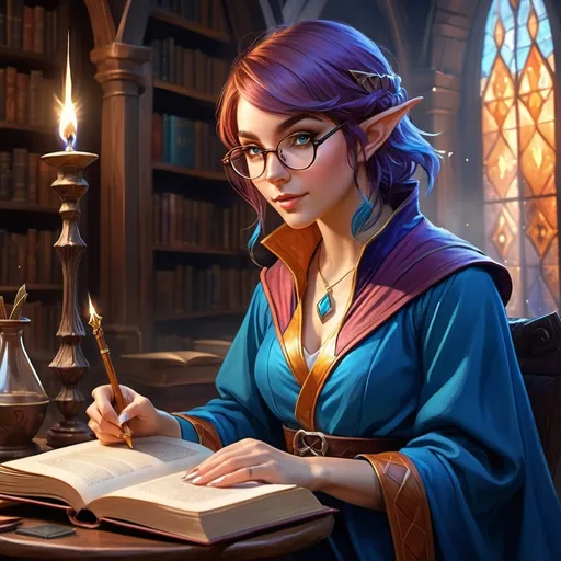 Prompt: (splash art of a half-elf female wizard), (vibrant fantasy colors), holds an open book in one hand and a quill pen in the other, glasses enhancing her adorable expression, shy demeanor, wearing blue wizard robes that accentuate her feminine figure, stylish auburn bob cut, enchanting magical ambience, set in a cozy wizard study filled with mystical artifacts, ultra-detailed, captivating Dungeons and Dragons theme, fantasy art masterpiece.